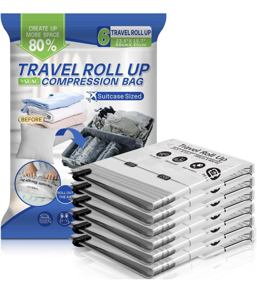 Travel Roll Up Compression Bags 6 Pack 23.5"x15.7" Vacuum Free